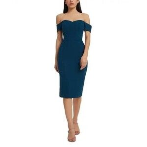Dress The Population Bailey Dress Womens Small Blue Off Shoulder Midi Bodycon
